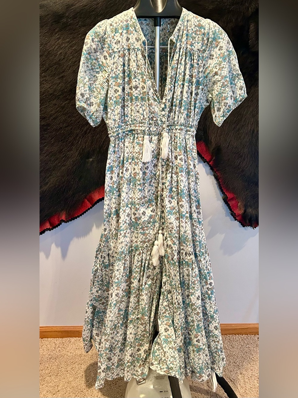 Elan Whimsy Floral Teal and Cream Boho Maxi Dress with Tassel Ties Sz M 💯 Cotton